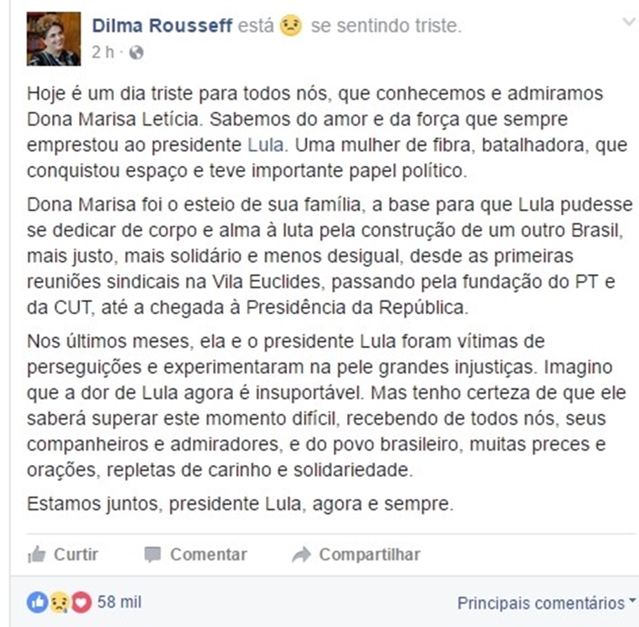 Dilma lamenta morte cerebral de Marisa Letícia