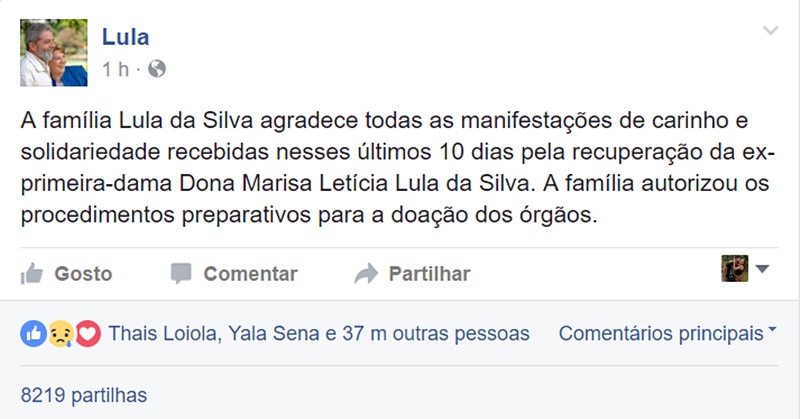 Família de Lula agradece manifestações de solidariedade pelo Facebook
