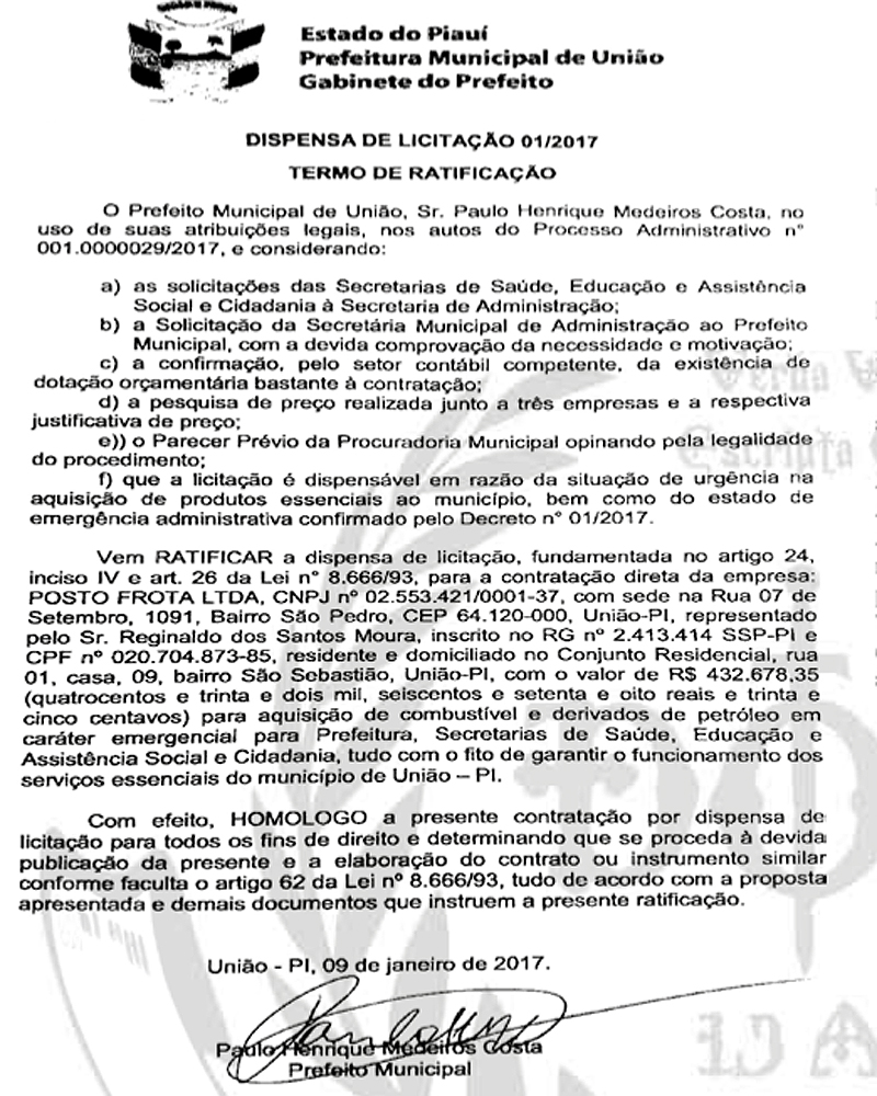 Termo do prefeito justificando as contratações
