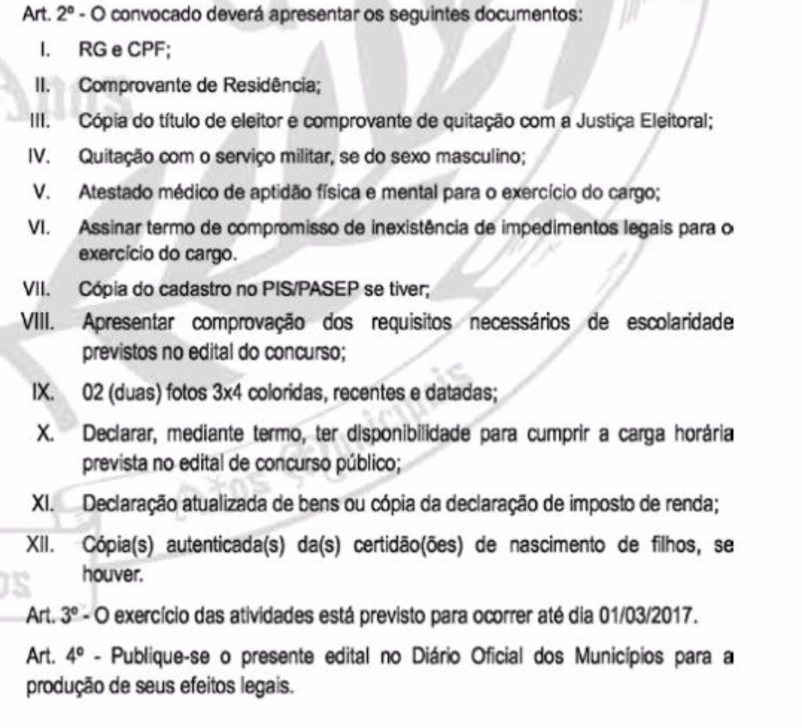 Relação dos documentários necessários para a posse