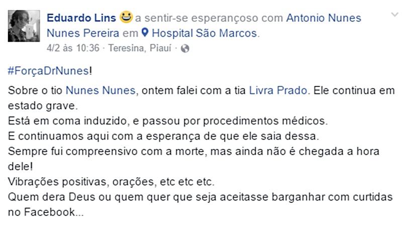 Eduardo Lins deseja forças ao tio Antônio Nunes