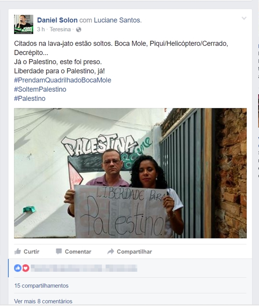 Publicações em redes sociais questionam prisão de Palestino