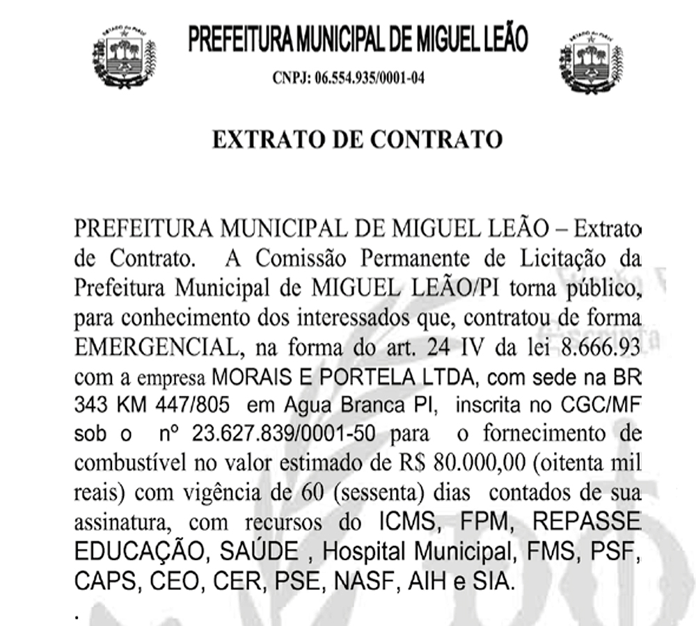 Extrato de Contrato da prefeitura de Miguel Leão