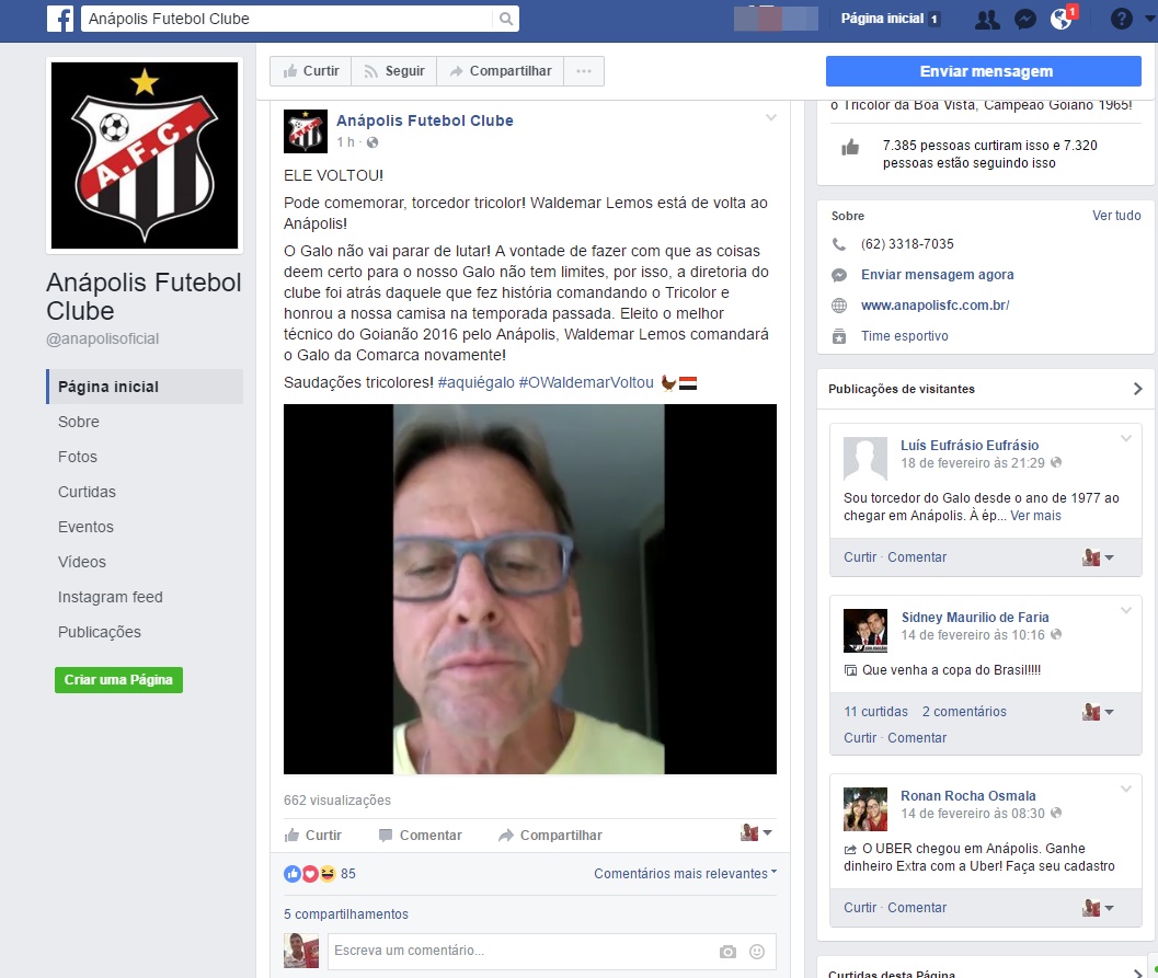 Vídeo de Waldemar divulgado no perfil do clube no Facebook