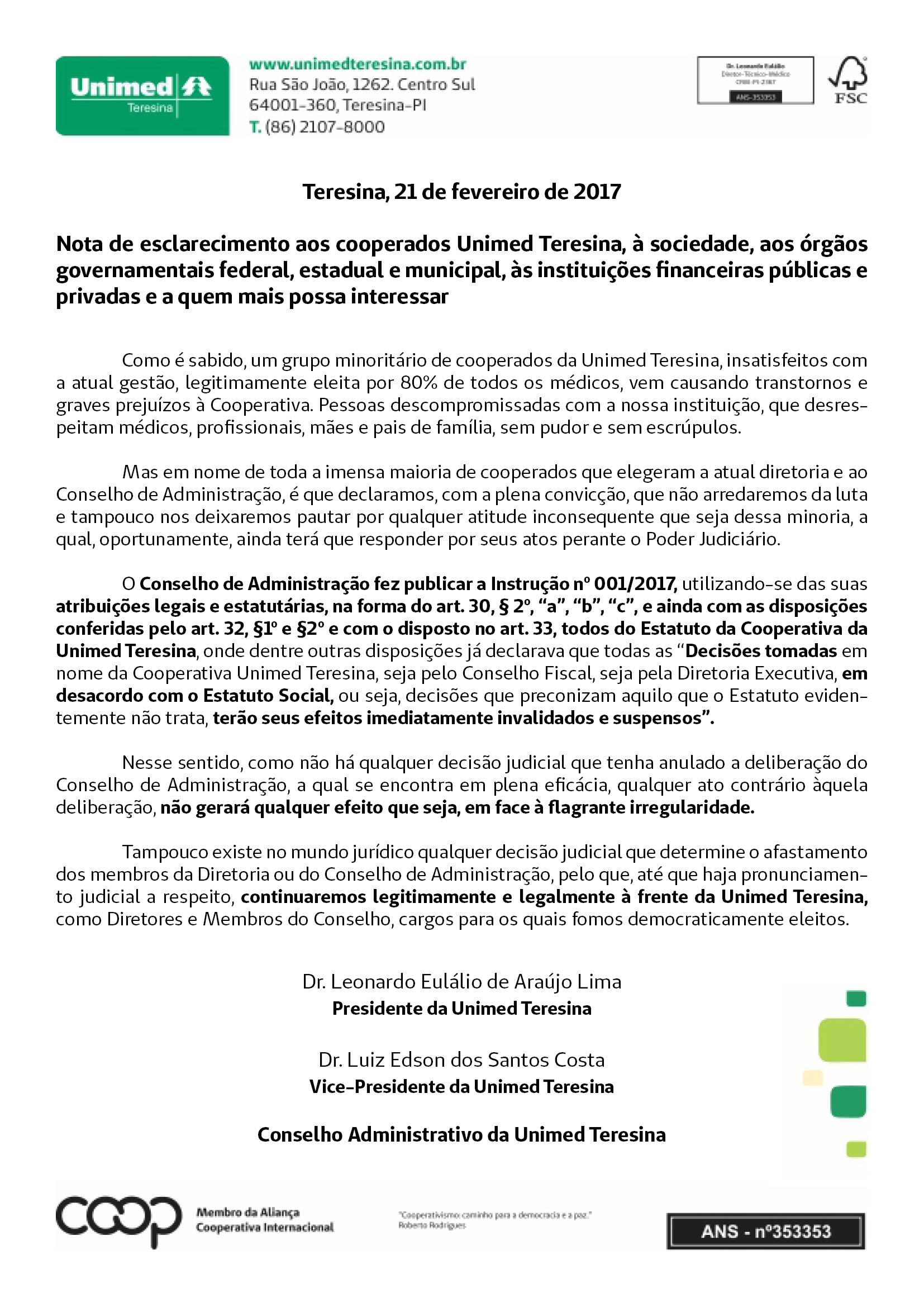 Nota de esclarecimento da diretoria da Unimed