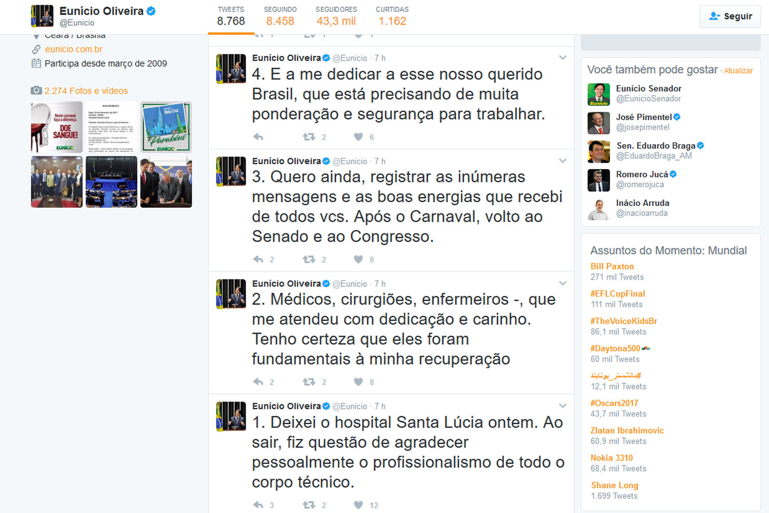 Eunício Oliveira usa rede social para agradecer apoio