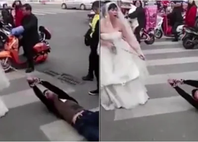 Noiva arrasta homem para casamento na China