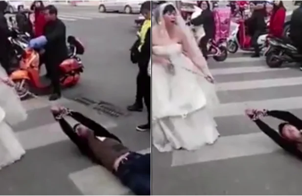 Noiva arrasta homem para casamento na China