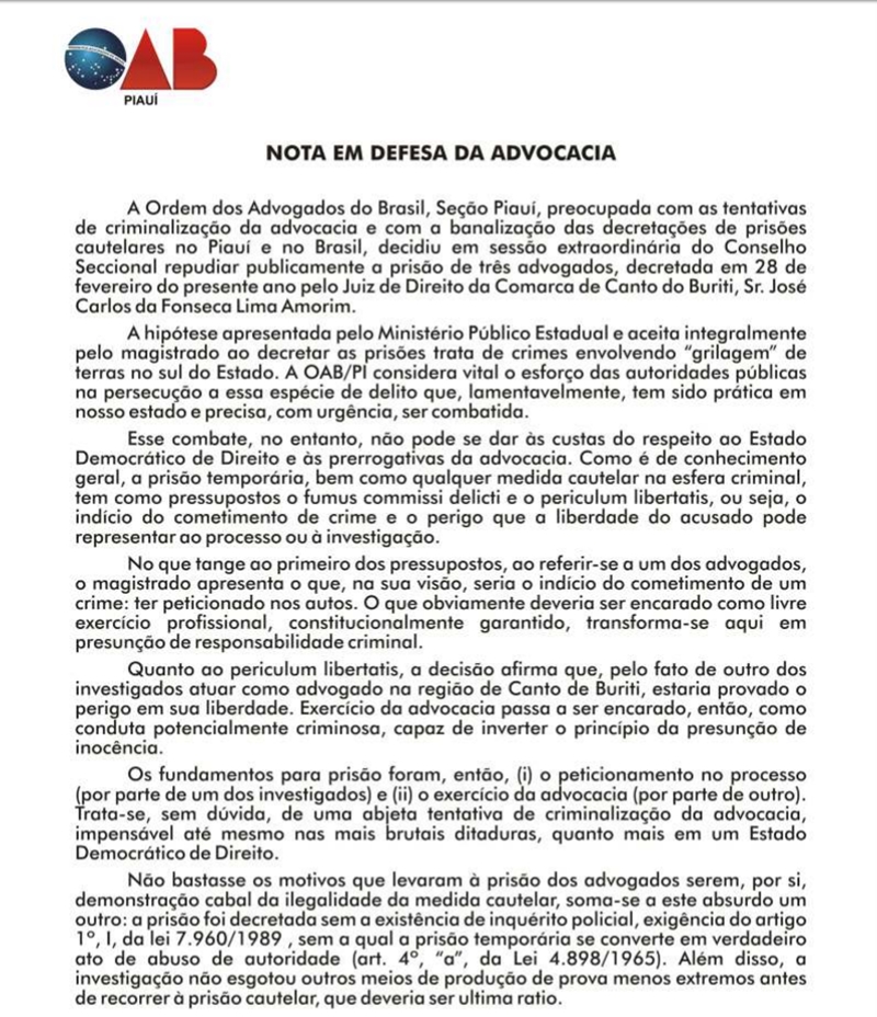 Nota da Ordem dos Advogados do Brasil - Seccional Piauí