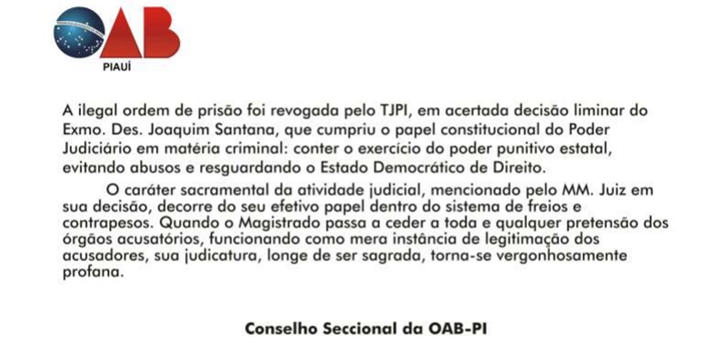 Nota da Ordem dos Advogados do Brasil - Seccional Piauí