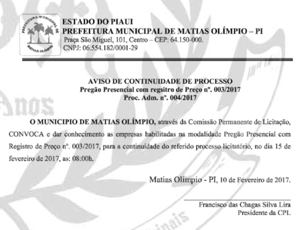 Aviso foi publicado no Diário dos Municípios de 14 de fevereiro