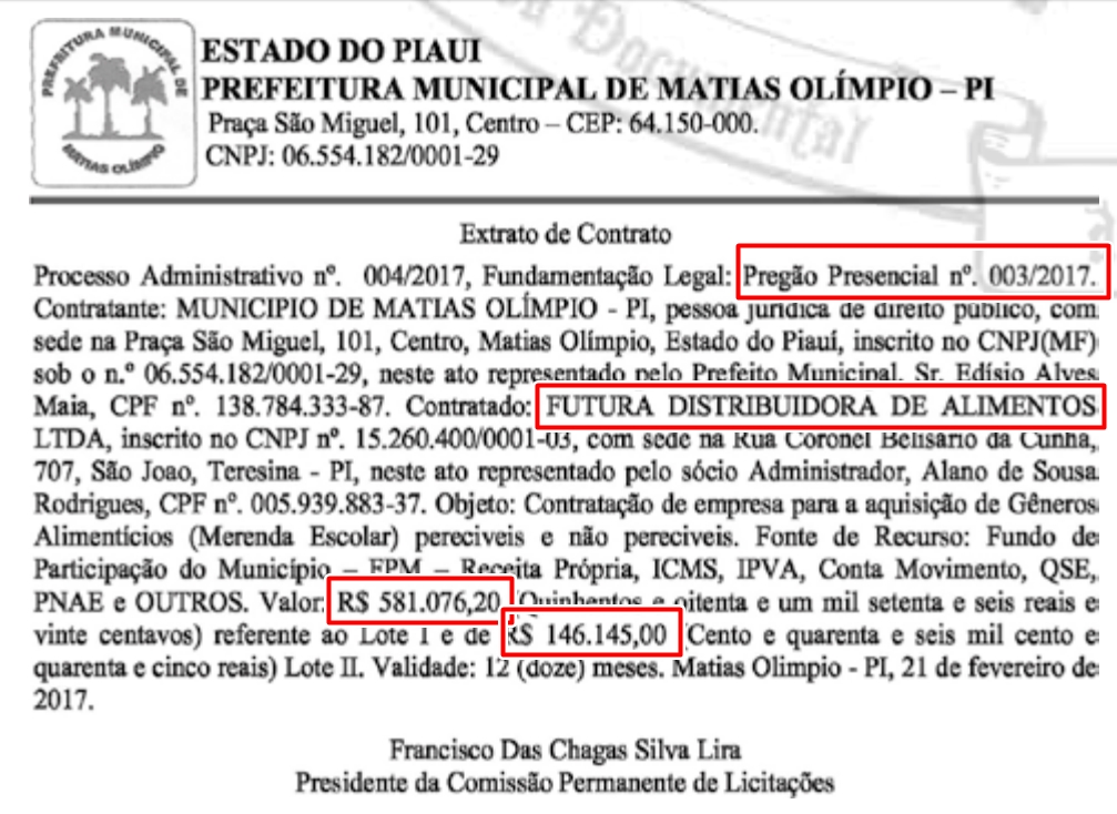 Extrato do contrato feito com a empresa Futura Distribuidora