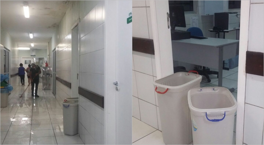Funcionários tentam limpar o hospital e usam lixeiras para conter a água