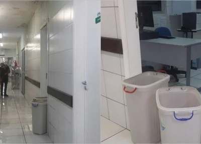 Funcionários tentam limpar o hospital e usam lixeiras para conter a água