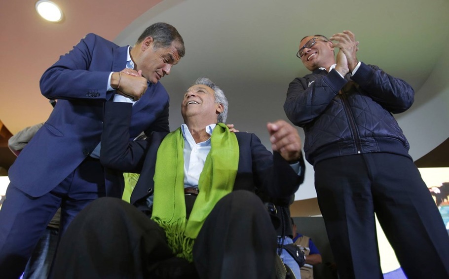 residente equatoriano, Rafael Correa, com o candidato a presidente Lenin Moreno e o vice Jorge Glas
