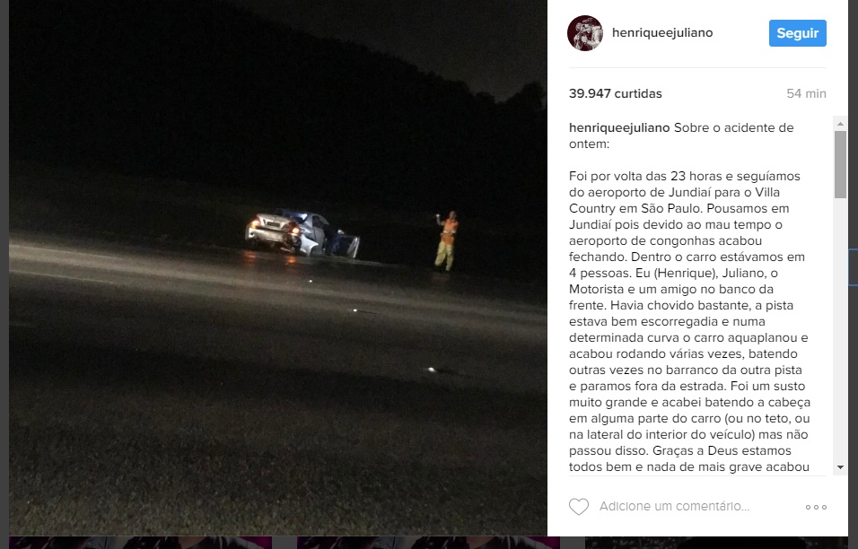 A dupla postou sobre o ocorrido no Instagram