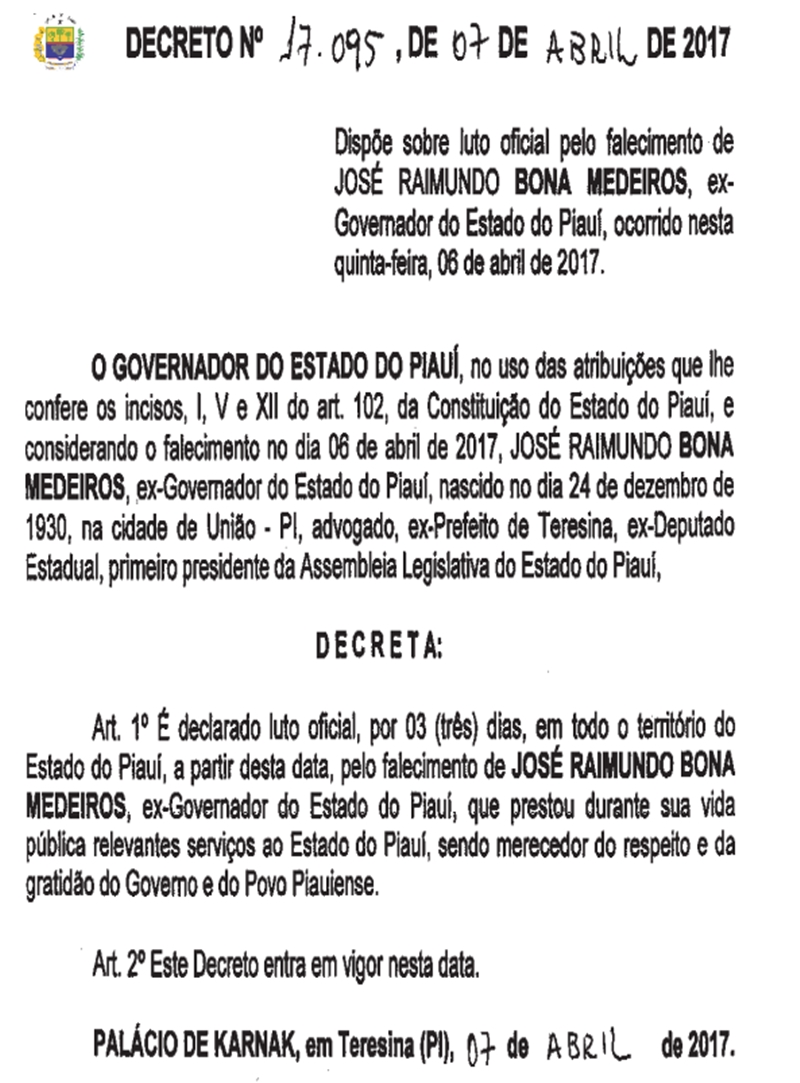 Governador Wellington Dias decreto luto de três dias pelo falecimento de Bona Medeiros