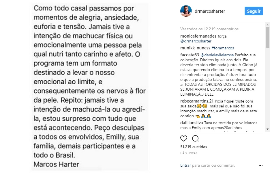 Marcos se pronuncia após expulsão do BBB