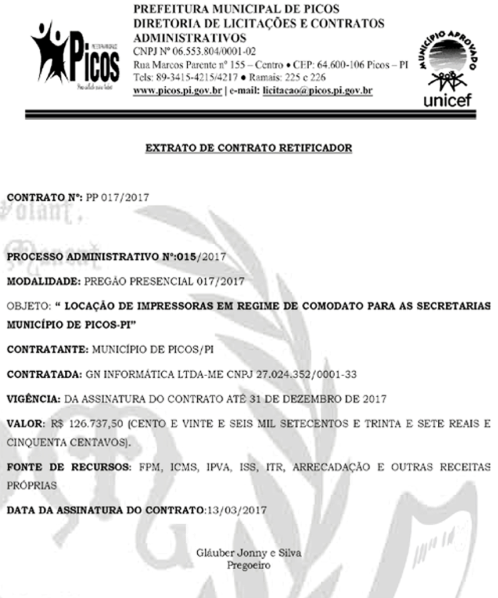 Contrato da Prefeitura de Picos com a empresa GN