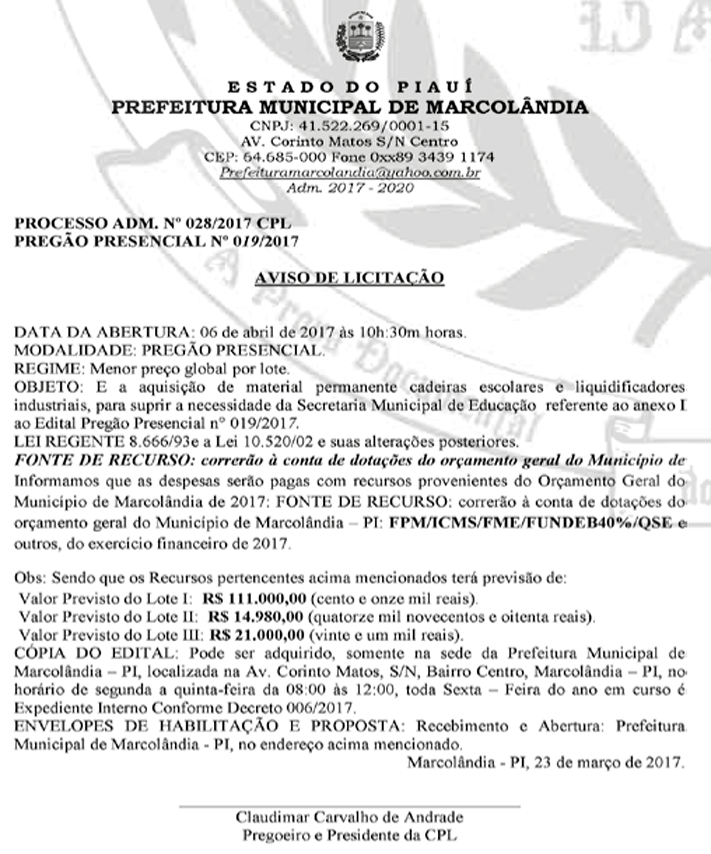 Aviso de Licitação em Marcolândia