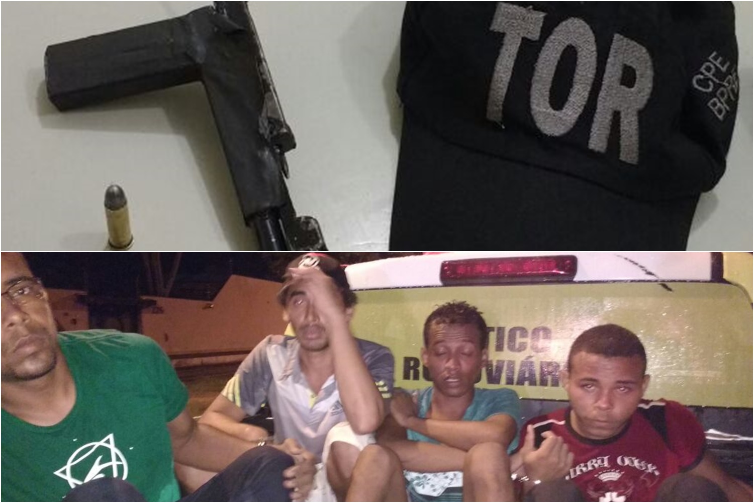 A arma encontrada e os bandidos presos