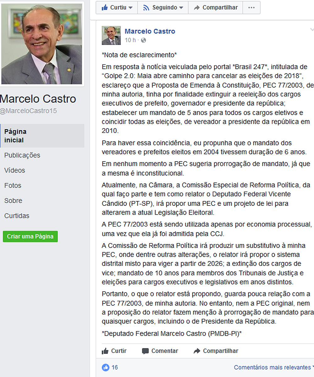 Nota de esclarecimento de Marcelo Castro