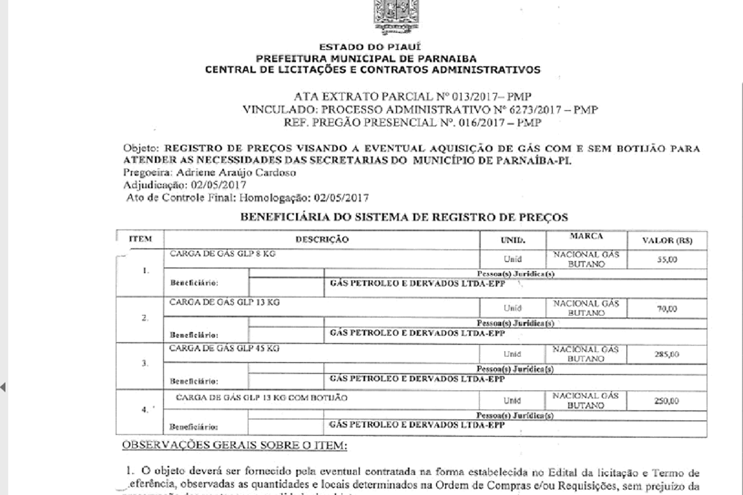 Propostas apresentadas pela empresa vencedora em Parnaíba