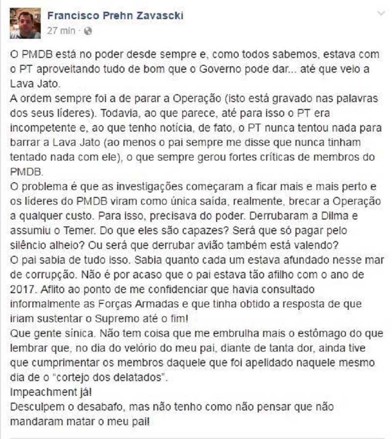 Filho de Teori acusa PMDB de tentar barrar Lava Jato