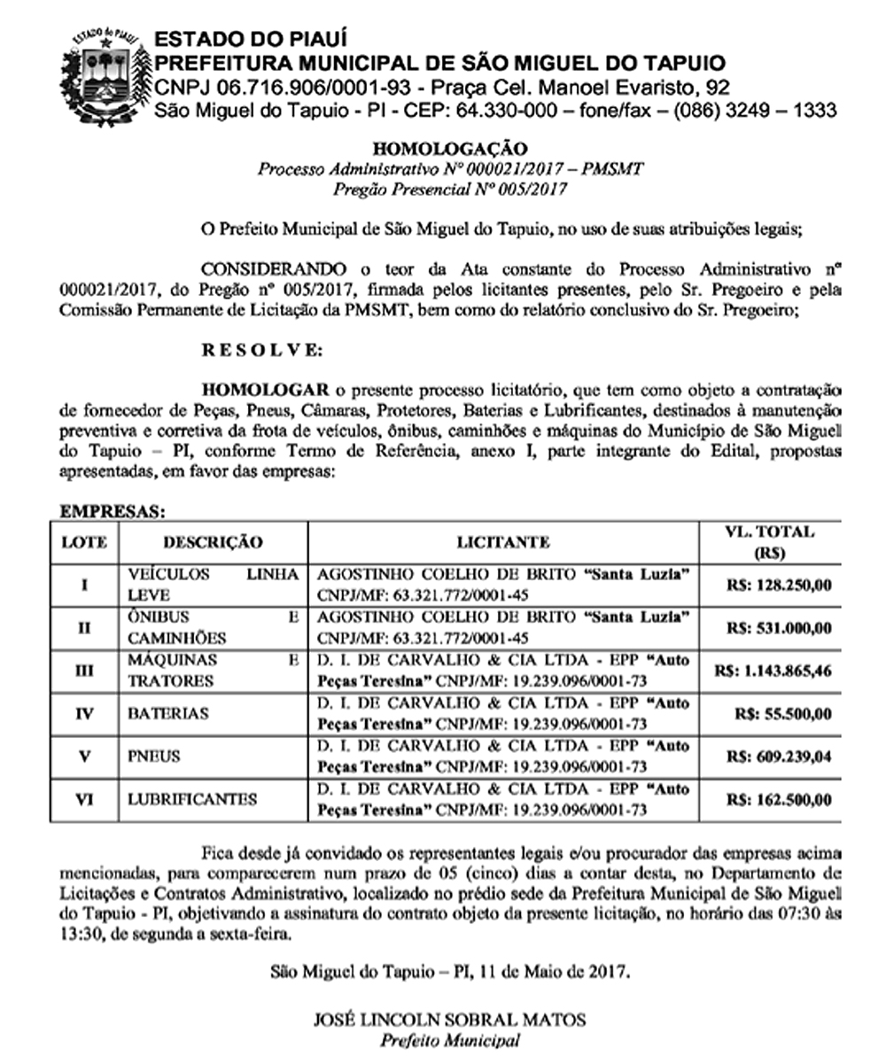 Licitação em São Miguel do Tapuio