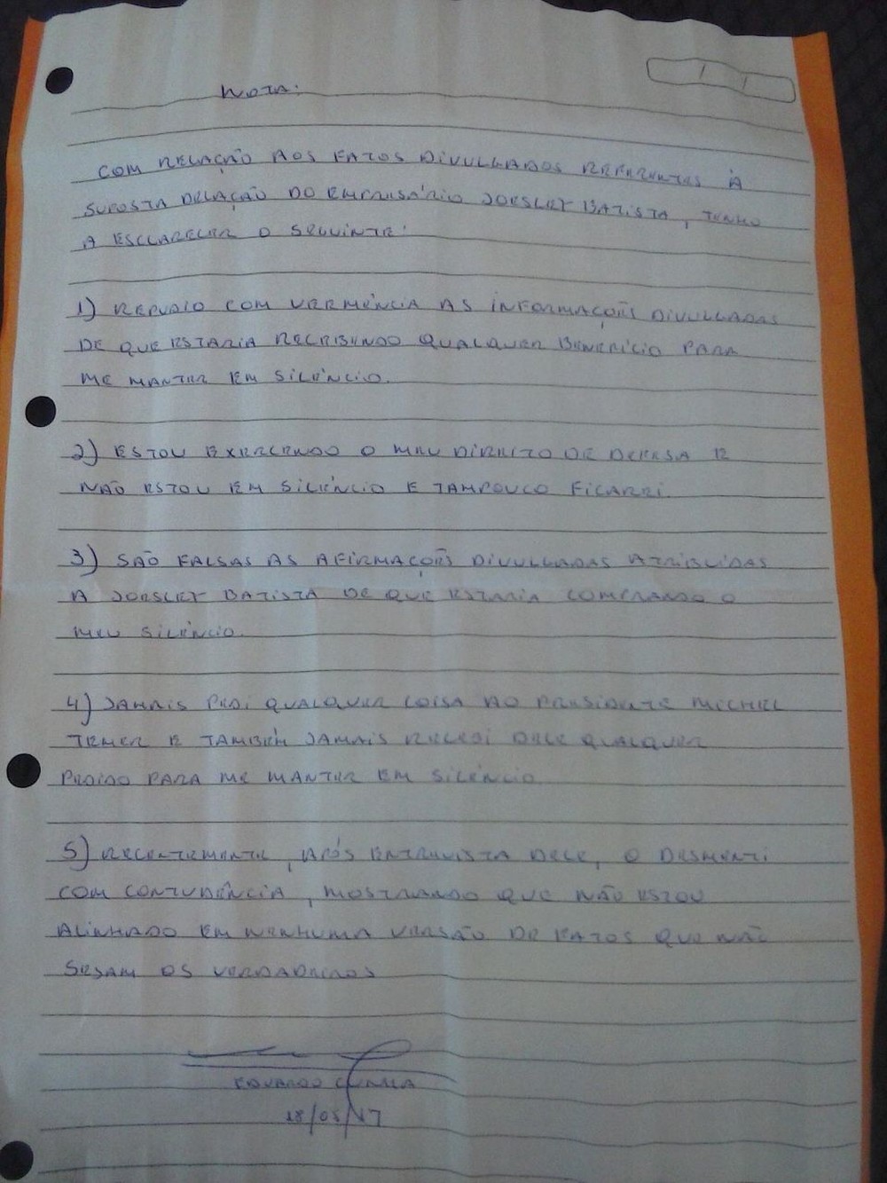 Carta escrita por Cunha