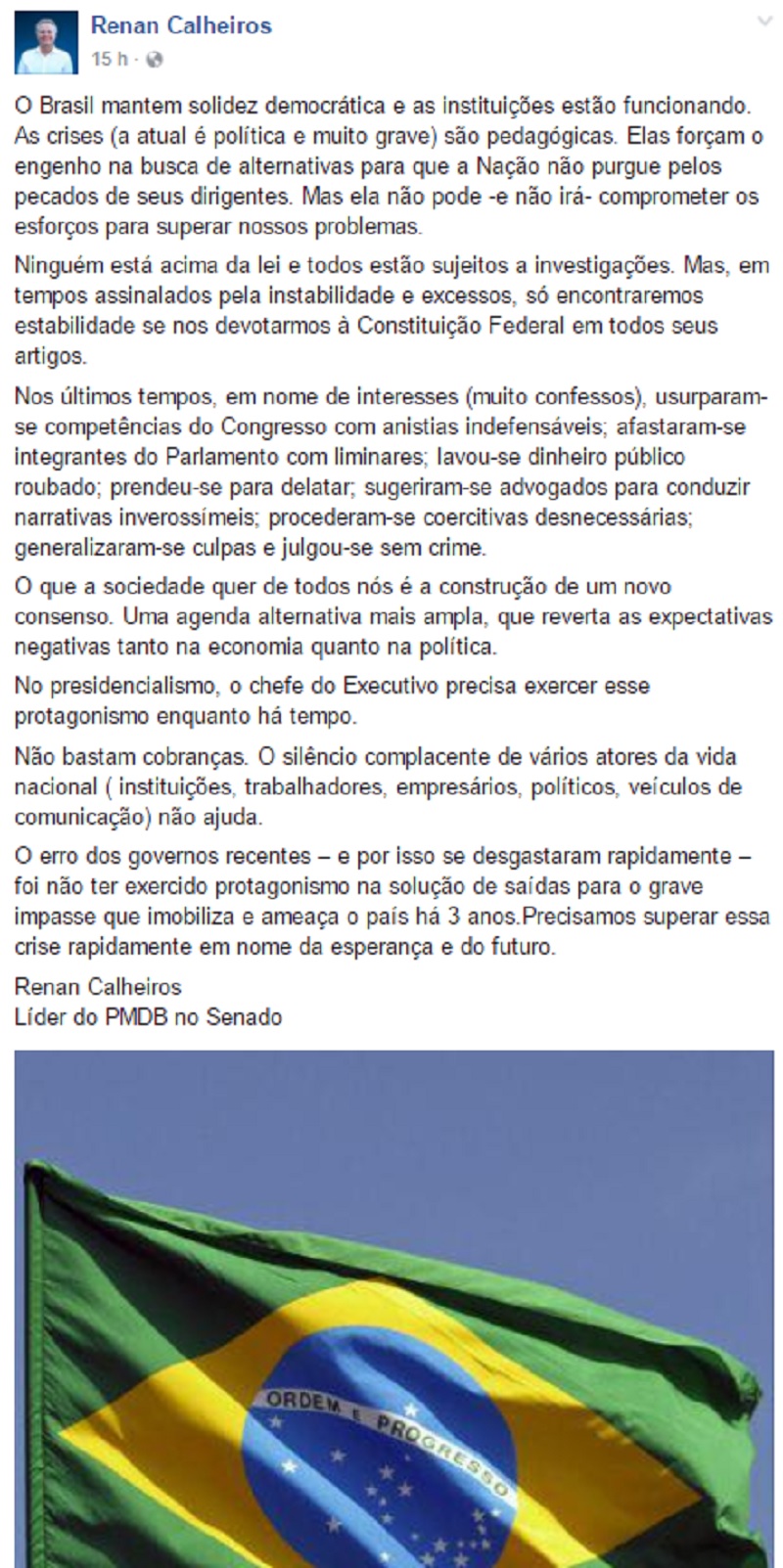 Renan Calheiros fala sobre atual cenário político brasileiro