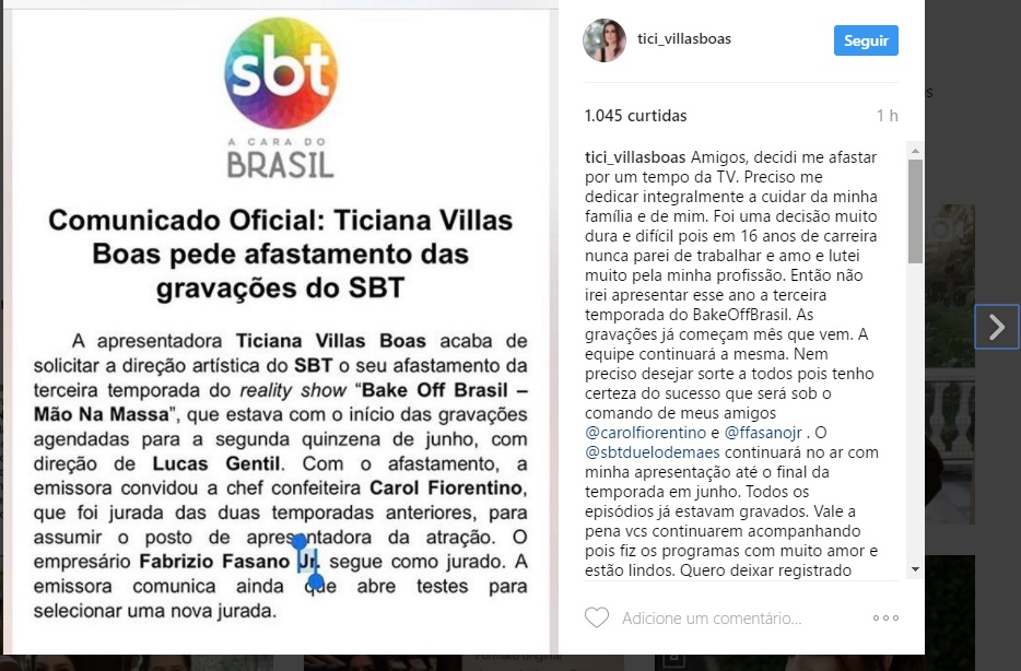 Ticiana anuncia afastamento pelo Instagram