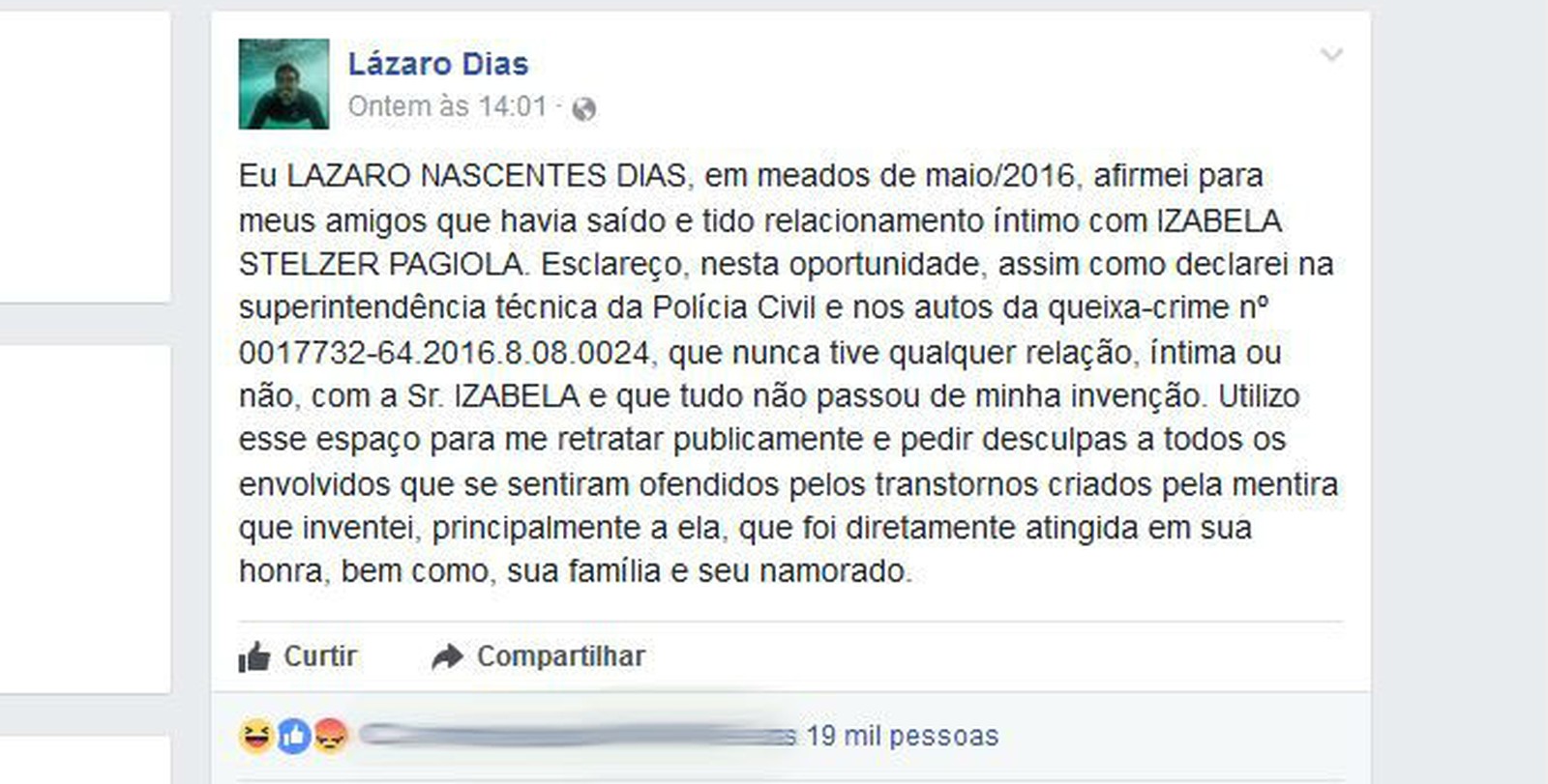 Homem se retrata no Facebook após diplamar garota