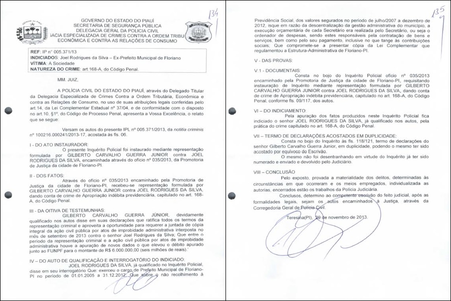 Documento que mostra indiciamento de Joel Rodrigues