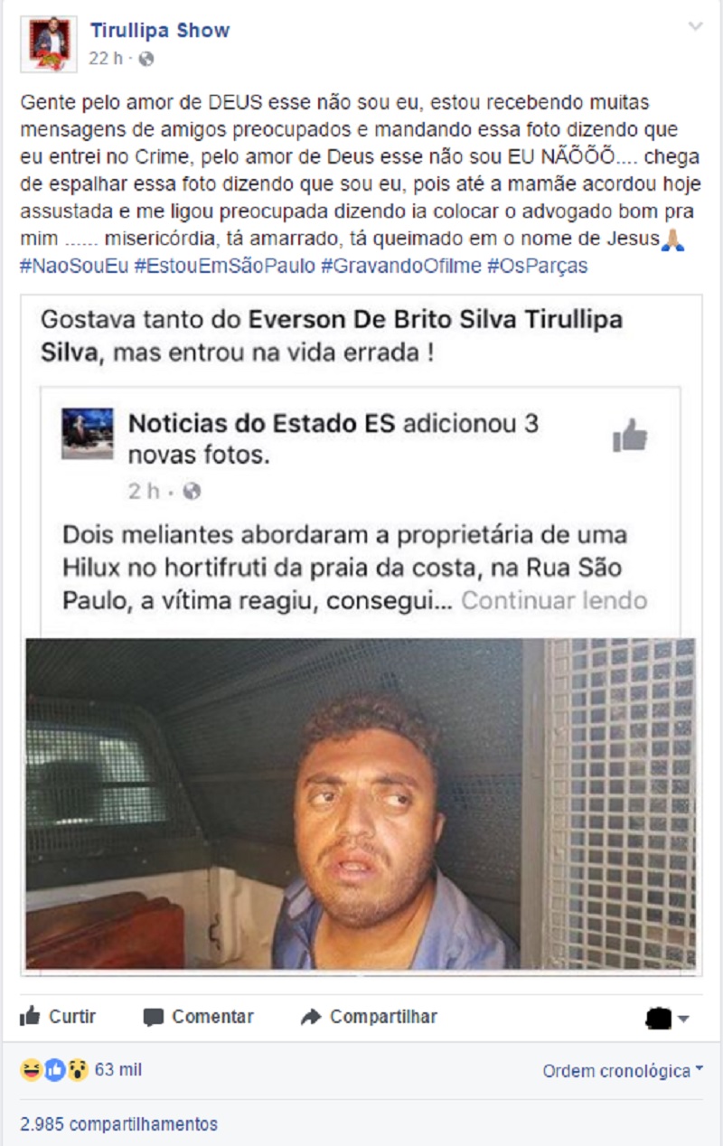 Tirullipa é confundido com assaltante
