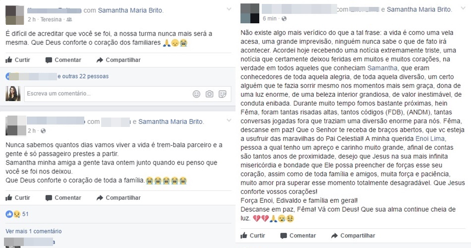 Amigos homenageiam Samantha Maria no Facebook