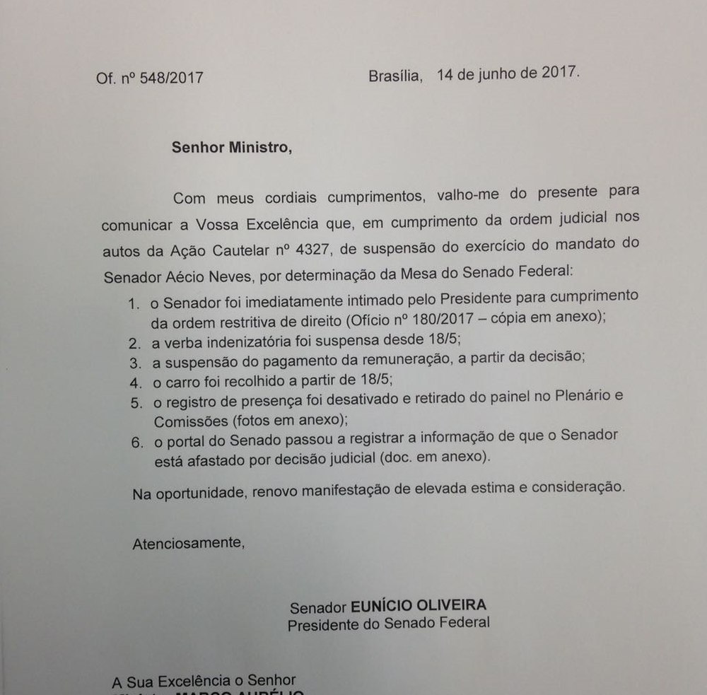 Ofício de Eunício enviado a Marco Aurélio Mello