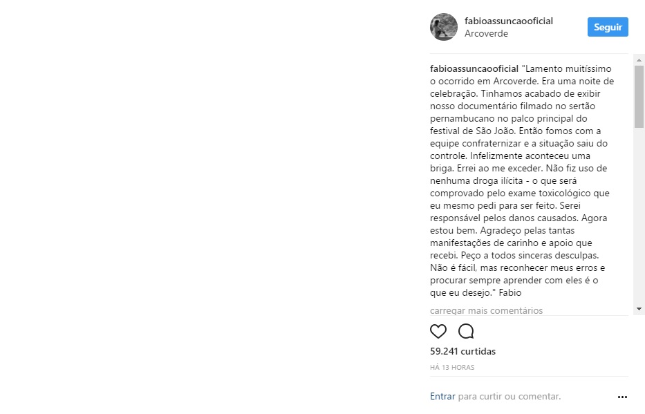 Fábio Assunção pede desculpas no Instagram