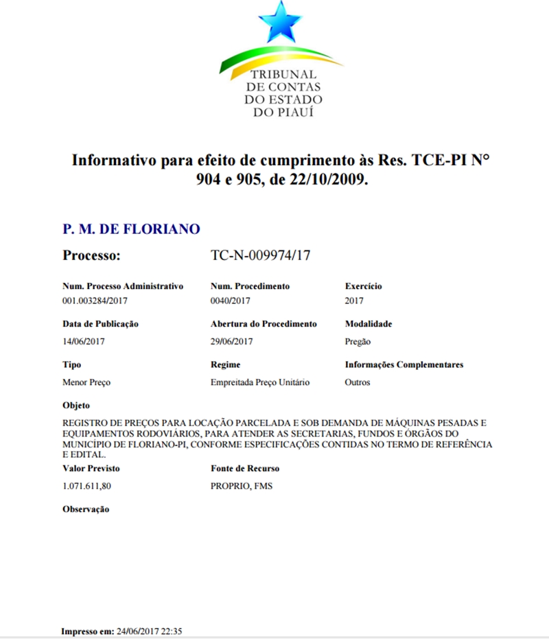 Comprovante de cadastramento do PP 040/2017 no sistema do TCE/PI