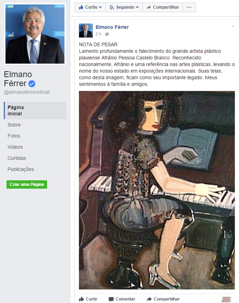 O Senador lamentou a perca do artista, Afrânio Pessoa