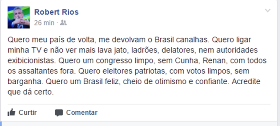 Publicação do deputado estadual Robert Rios
