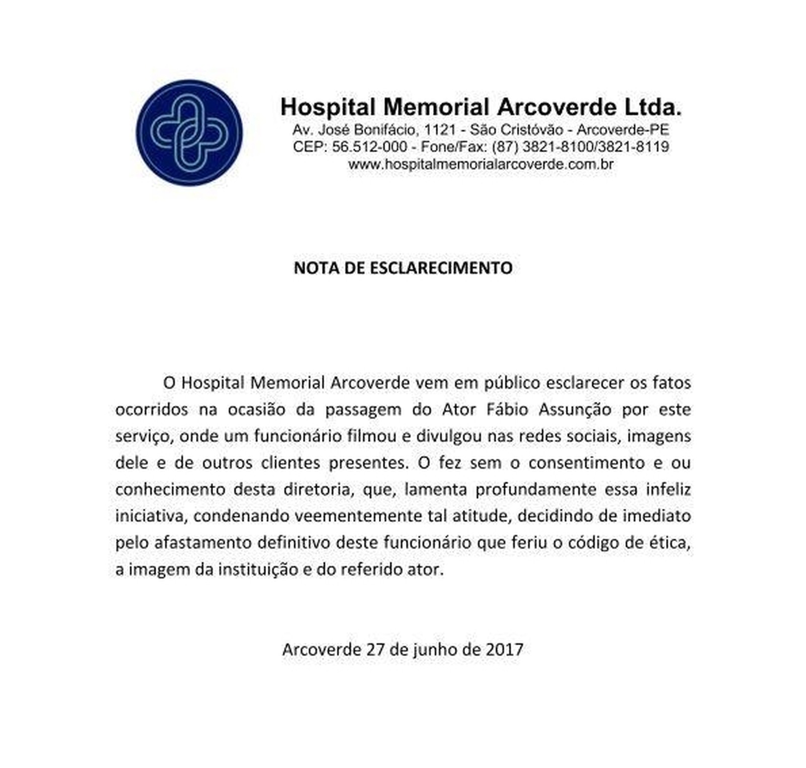 Nota do Hospital ArcoVerde
