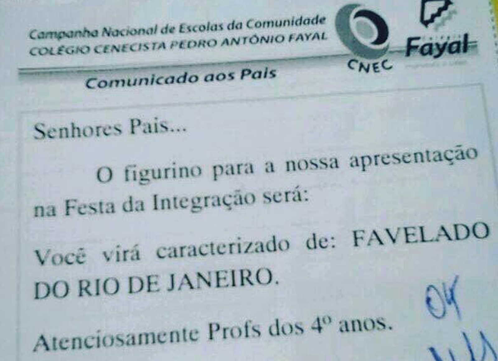 Escola pede para alunos se fantasiarem de favelados do Rio de Janeiro