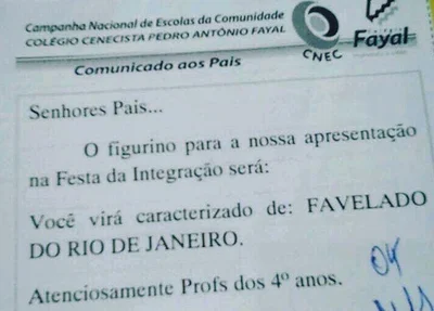 Escola pede para alunos se fantasiarem de favelados do Rio de Janeiro