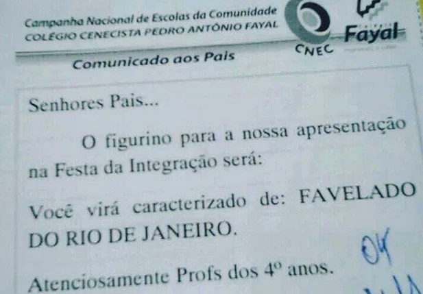 Escola pede para alunos se fantasiarem de favelados do Rio de Janeiro