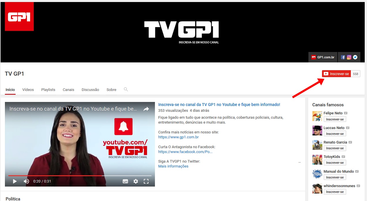 Canal da TV GP1 no Youtube 