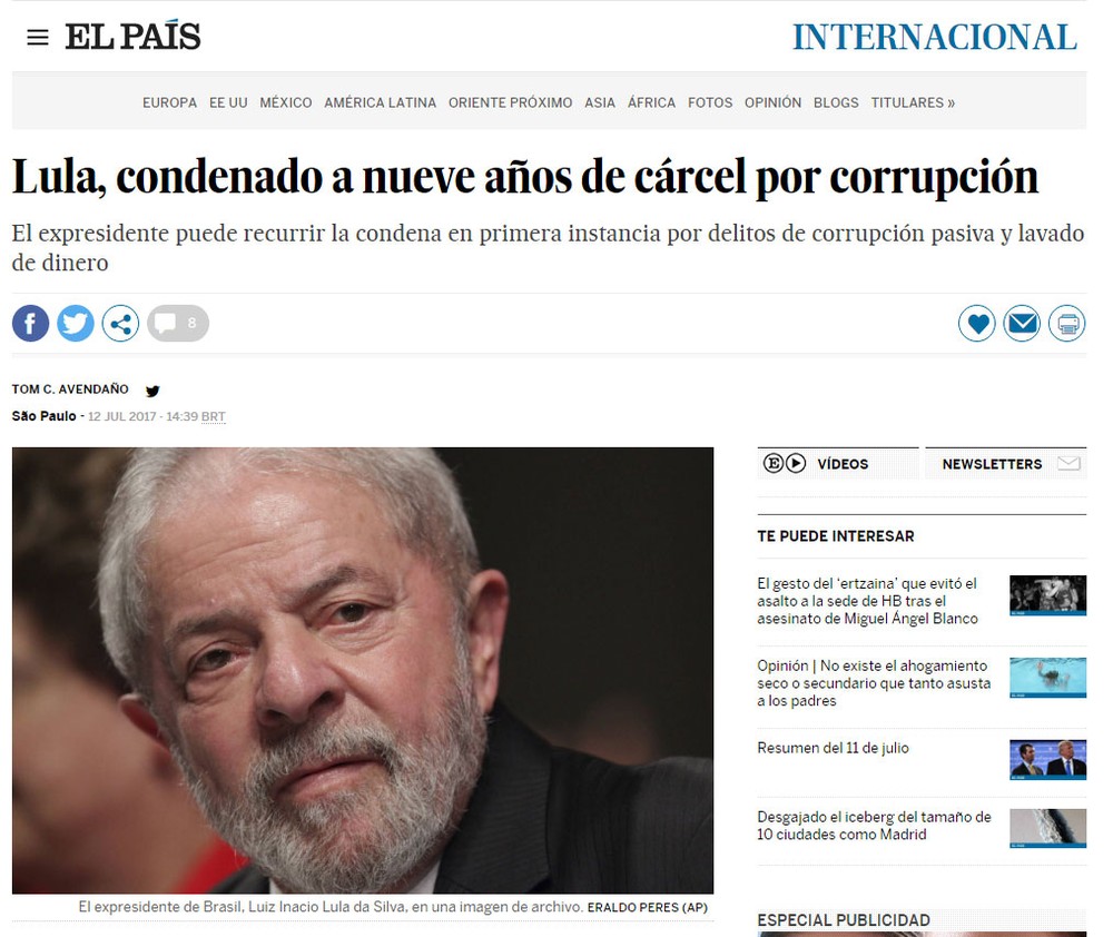 Jornal espanhol El País repercute condenação de Lula na Lava Jato