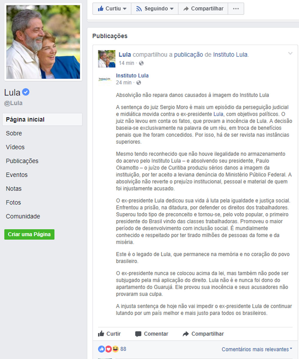 Lula divulga nota