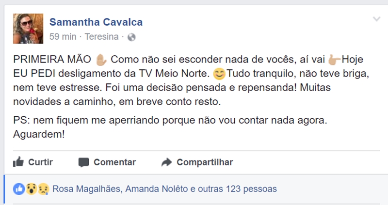 Samantha Cavalca anuncia saída da TV Meio Norte