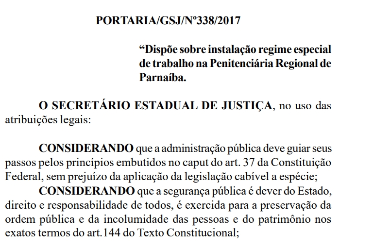 Portaria de instalação de regime especial de trabalho na Penitenciária Regional de Parnaíba